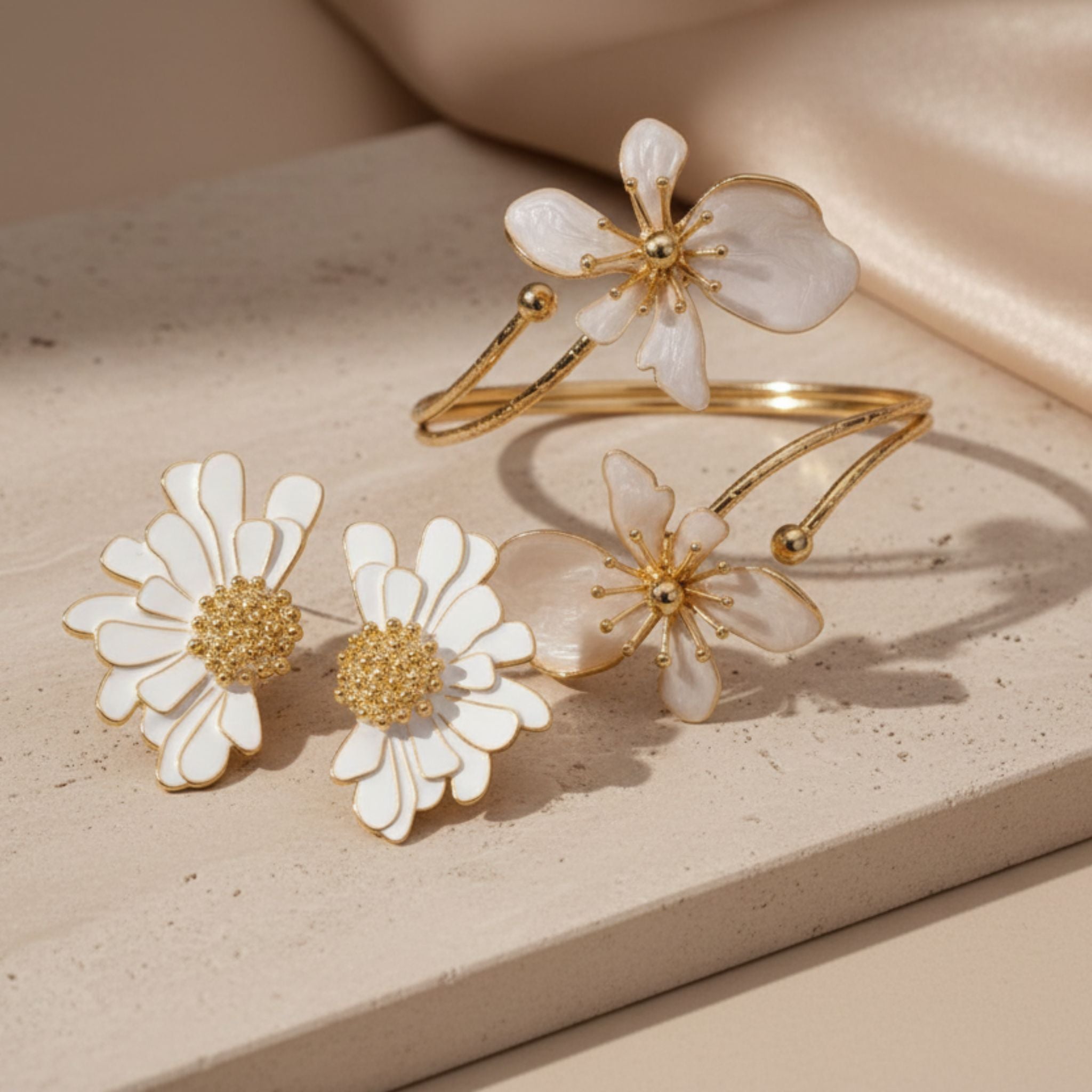 Summer Luxe Floral Jewelry Set in White & Gold | Bracelet & Earrings Combo | Anniversary Special
