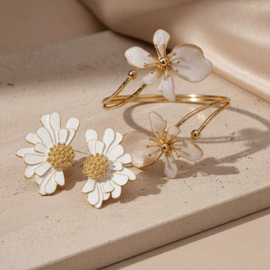 Summer Luxe Floral Jewelry Set in White & Gold | Bracelet & Earrings Combo | Anniversary Special