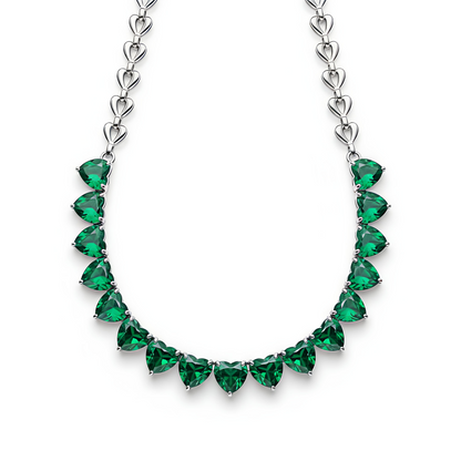 316L Stainless Steel - Silver Plated Green Zirconia Heart Necklace with Multi-Emerald Zirconia Swan Studs