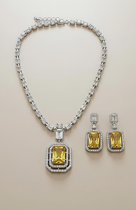 Rectangle Pendant AD Necklace Set – Silver Plated in Yellow