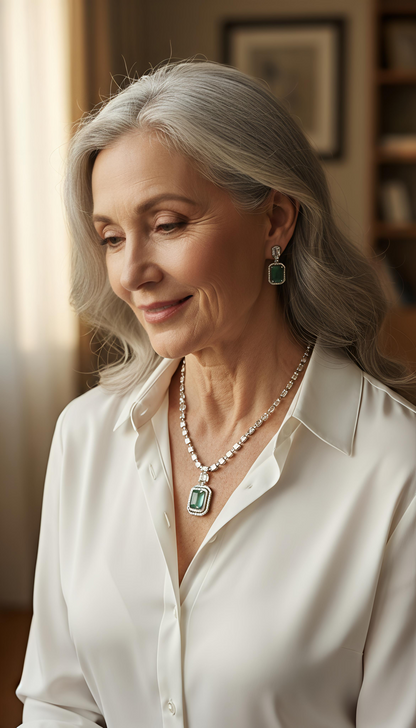 V-Neck AD Stone Necklace Set for Women | Elegant Silver Finish Jewelry - Mint Green