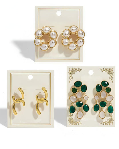 SET of 3 Gold Earrings| Combo Set for Women | Pearl Studs, Everyday Gold Earrings & Emerald Dangler | Anniversary Special
