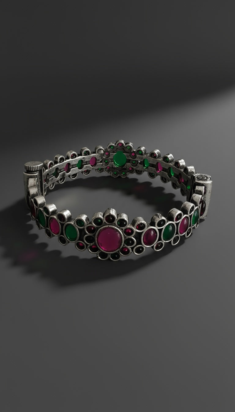 Grace Antique Oxidized Silver Bangle – Green & Pink Accents with Screw Clamp