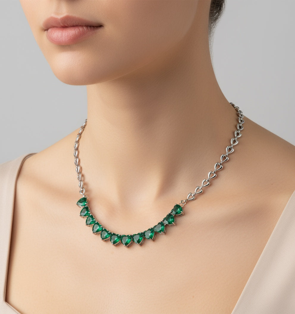 High-Quality Heart Love Chain Necklace – 316L Stainless Steel with Coloured Zircon: Heart to Heart Necklace – Green