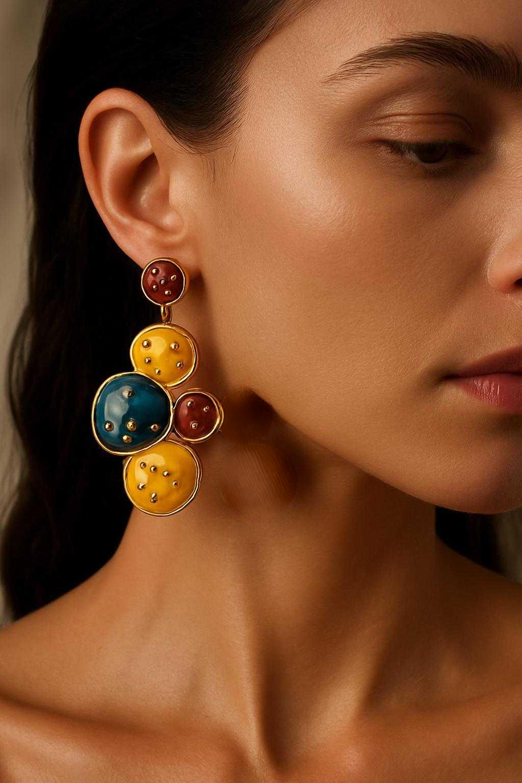 Ocean Sunburst : Hand-Painted Yellow & Blue Statement Plate Earrings