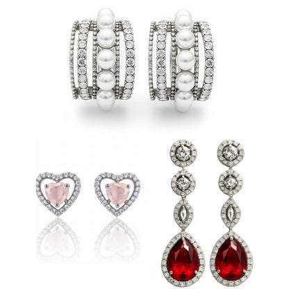 Silver Earrings Combo Set for Women | 3 Styles – Office Studs, Party Studs & Statement Dangler | Anniversary Special