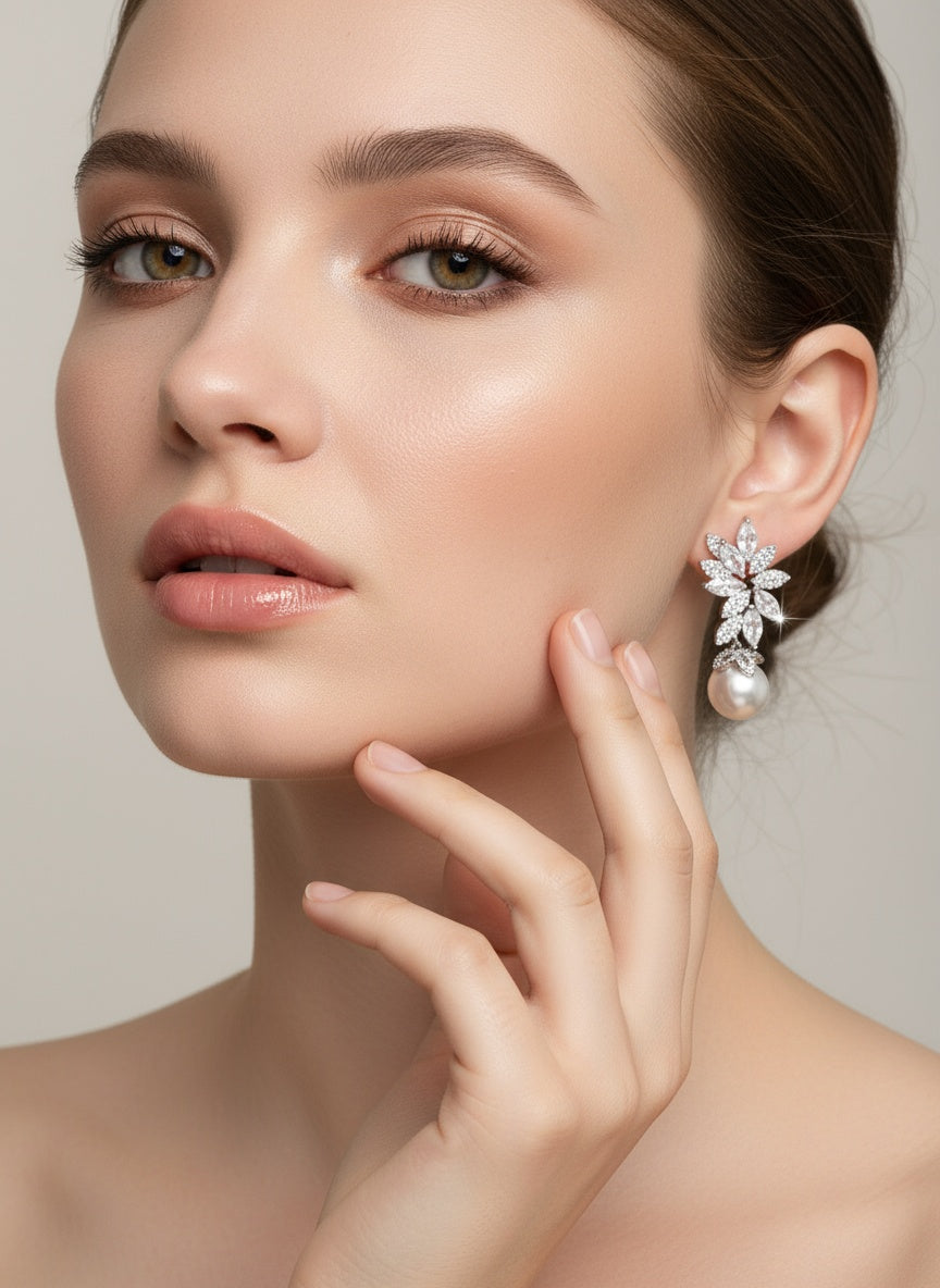 🌸Halo glow -Elegant CZ Shell & Faux Pearl Flower Dangle Earrings