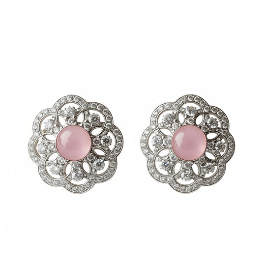 AD Stud Earrings -Graceful Blossom - Lightweight Brass AD Flower Stud Earrings with Baby Pink Centre Stone