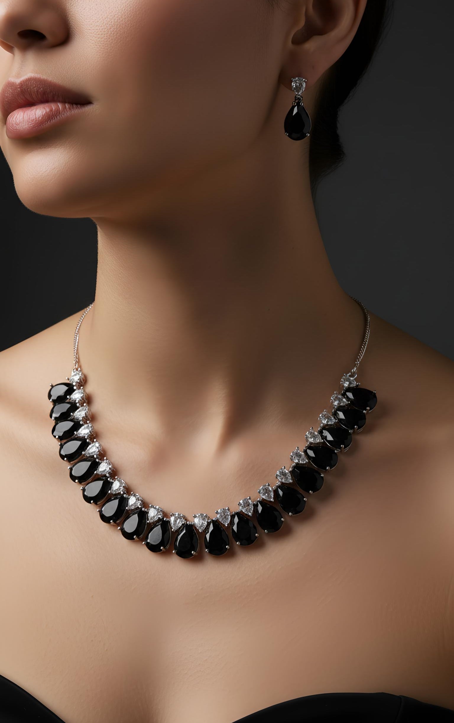 Black AD Stone Necklace and Earrings Set for Women | Brass Party Jewelry