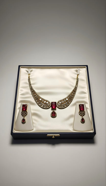 Red Stone Wing Statement Necklace with AD Stones in Golden Polish for Women