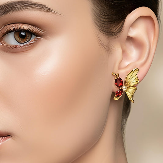 Scarlet Wings Studs - Stainless Steel Red Zircon Butterfly Earrings – Elegant & Playful Fashion Jewelry for Women