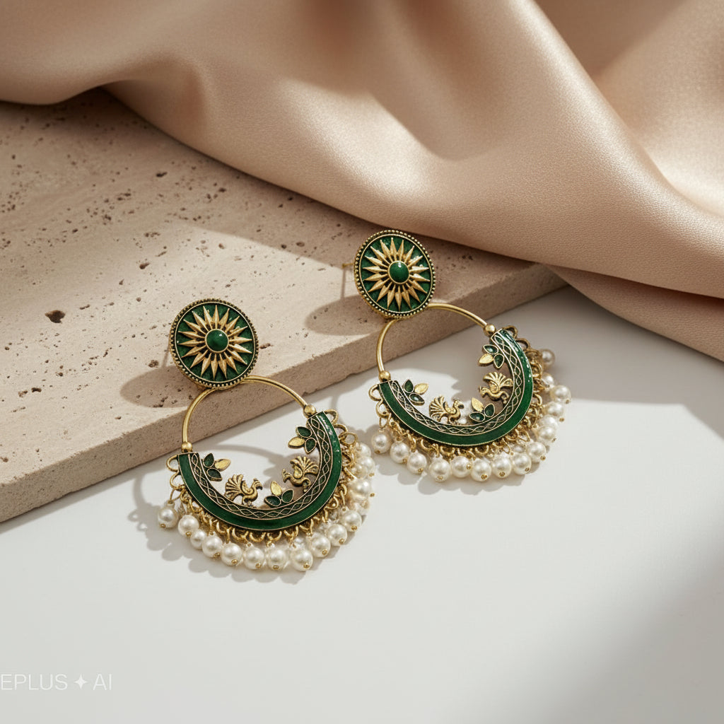 Jhumka - Beautiful Green Traditional Earrings with Pearls