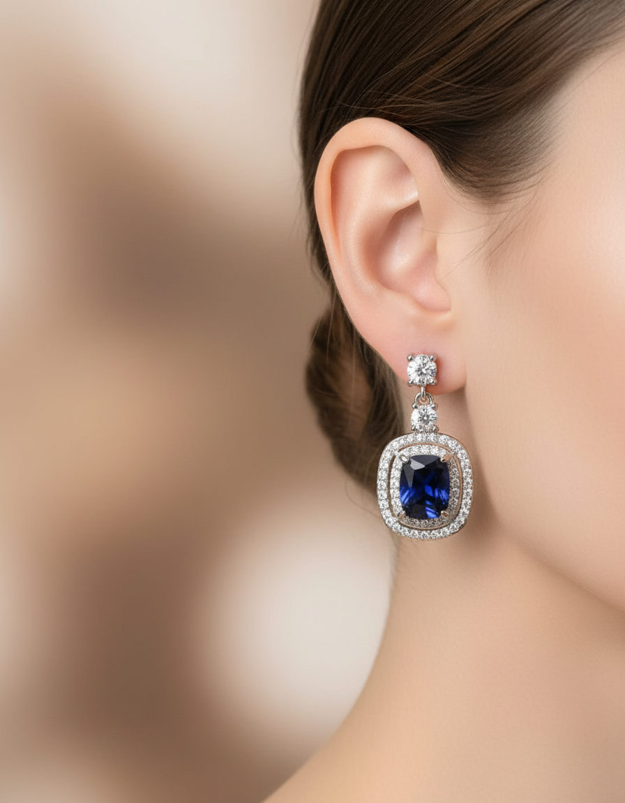 Navy Blue Super-Shiny Cubic Zirconia Earrings – Everyday & Festive Gift