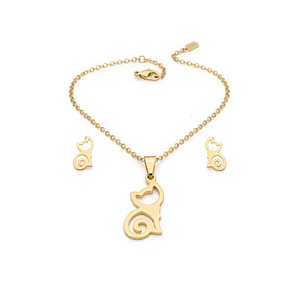 18K PVD Gold Plated Stainless Steel Non-Tarnish, Waterproof -Luxury Cat Silhouette Jewelry Set