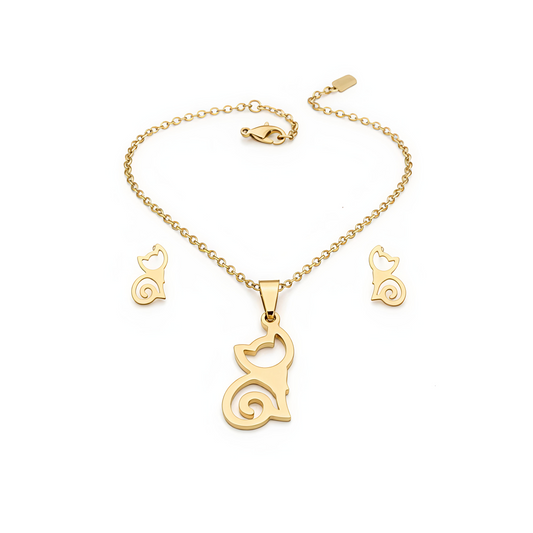 18K PVD Gold Plated Stainless Steel Non-Tarnish, Waterproof -Luxury Cat Silhouette Jewelry Set
