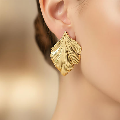Gold-Plated Stainless-Steel Earrings – Anti Tarnish Leaf Pattern