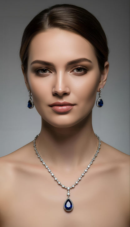 Elegant Sapphire Necklace and Earrings Set with AD Stones in Brass for Women