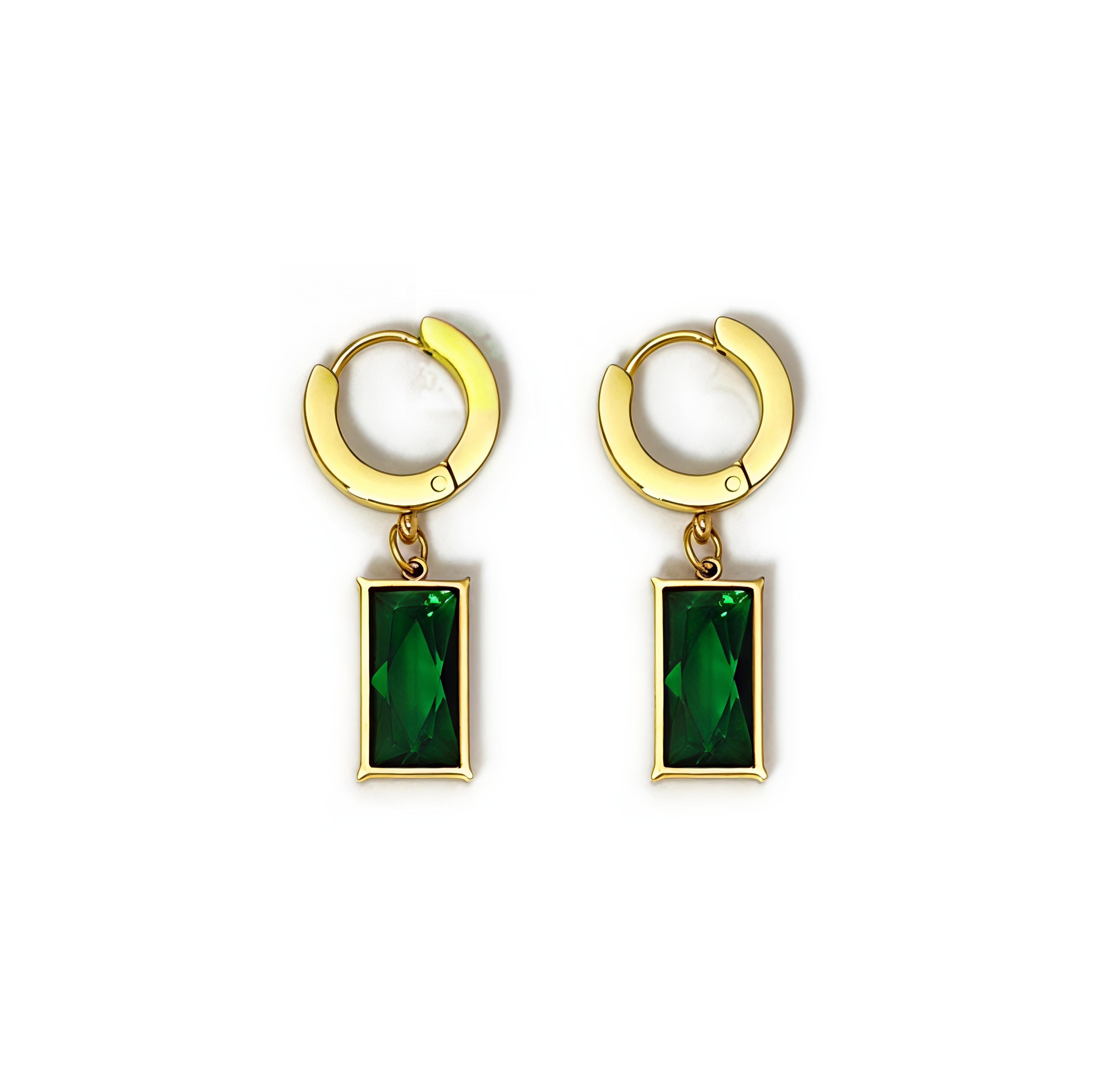 Emerald Luxe Minimal Hoops | 18K Gold-Plated Stainless Steel Green Zircon Earrings