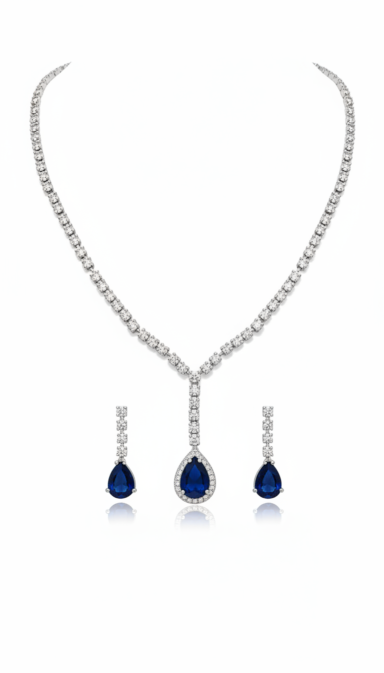 V-Neck AD Stone Necklace Set for Women | Elegant Silver Finish Jewelry - Blue