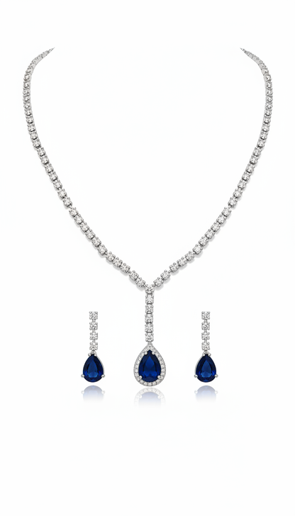V-Neck AD Stone Necklace Set for Women | Elegant Silver Finish Jewelry - Blue