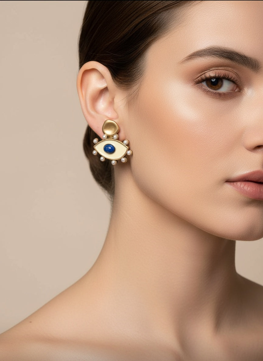 🧿Pearl Enamel Evil Eye - Vintage Gold-Plated Enamel & Pearl Evil Eye Earrings