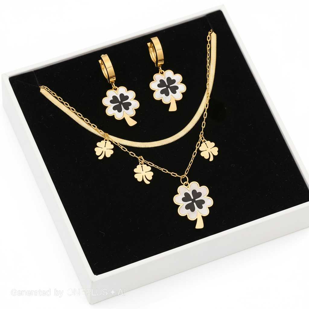 18K Gold Plating |Titanium Steel| Four-Leaf Clover Jewelry Set with Black Shell