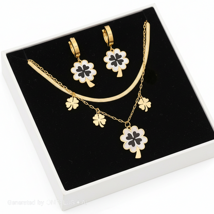 18K Gold Plating |Titanium Steel| Four-Leaf Clover Jewelry Set with Black Shell