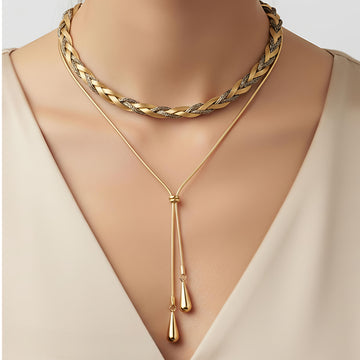 18K Gold Layered Necklace Set | Drop Necklace & Snake Chain Combo | Premium Anniversary Set