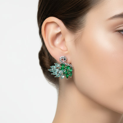 Emerald Grace Swan Stud Earrings - Like a gentle whisper of nature, these green swan studs grace your ears with elegance and serene beauty.