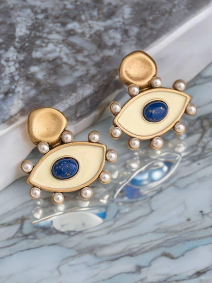🧿Pearl Enamel Evil Eye - Vintage Gold-Plated Enamel & Pearl Evil Eye Earrings