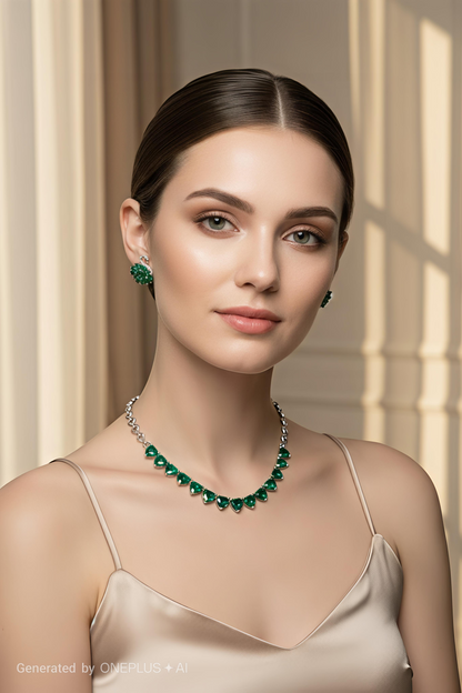 316L Stainless Steel - Silver Plated Green Zirconia Heart Necklace with Multi-Emerald Zirconia Swan Studs