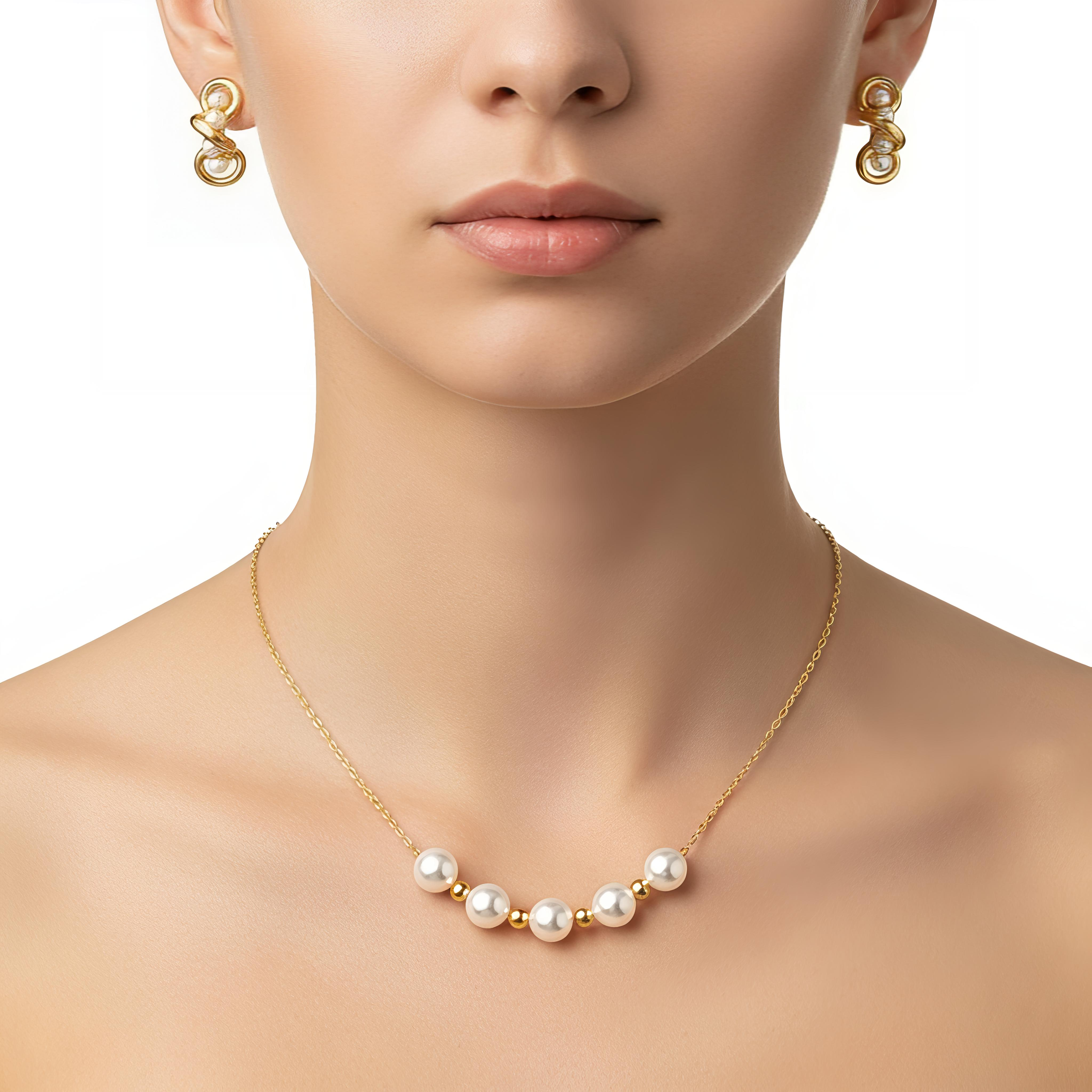 Gold Pleated Set in Stainless Steel - Golden Thread Pearl Necklace & Twirled Pearl Hoop