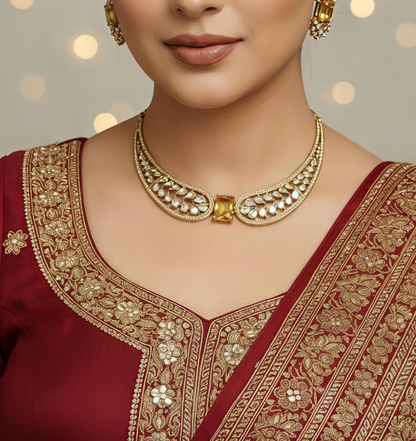 Yellow Stone AD Wing Necklace Set with Earrings | Gold Polish Jewelry for Women