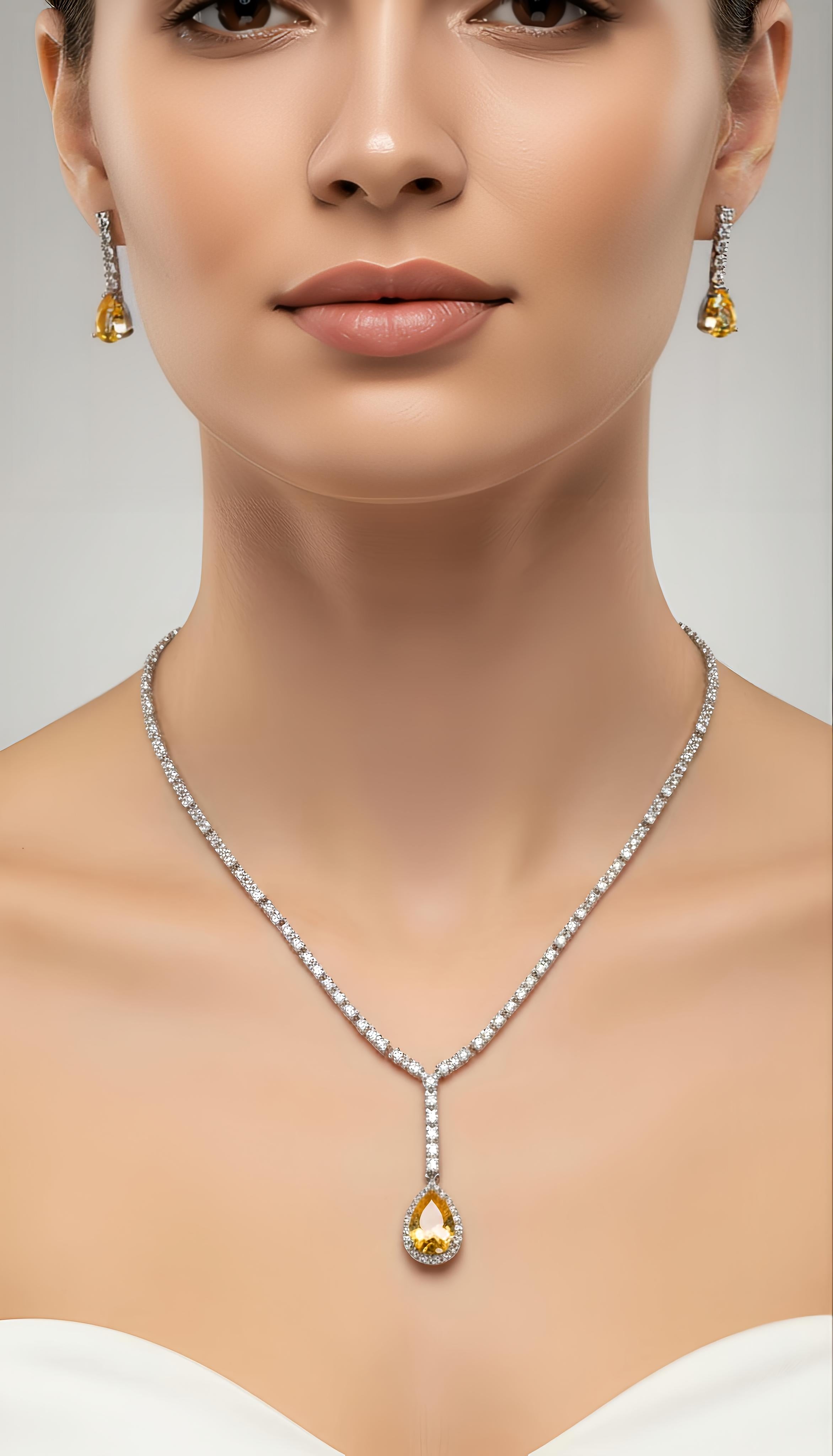 Yellow Zircon Necklace and Earrings Set with AD Stones for Women