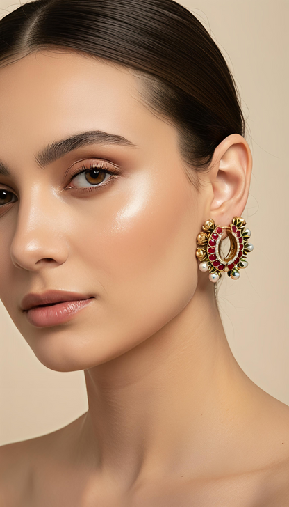 Traditional Indian Minakari Hoop Earrings with Pearls in Green & Pink