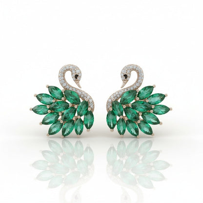 Sliver Plated in Stainless Steel - Emerald Swan Stud Earrings