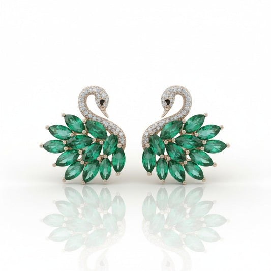 Sliver Plated in Stainless Steel - Emerald Swan Stud Earrings