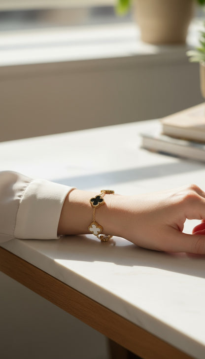 Black & White Clover Stainless-Steel Bracelet – Power Meets Balance