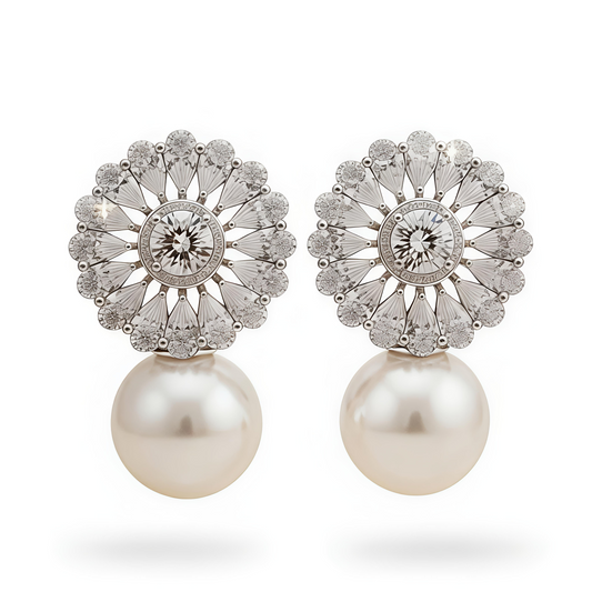Silver Pearl Earrings🤍Romantic Pearl Studs with Premium Cubic Zirconia Stones