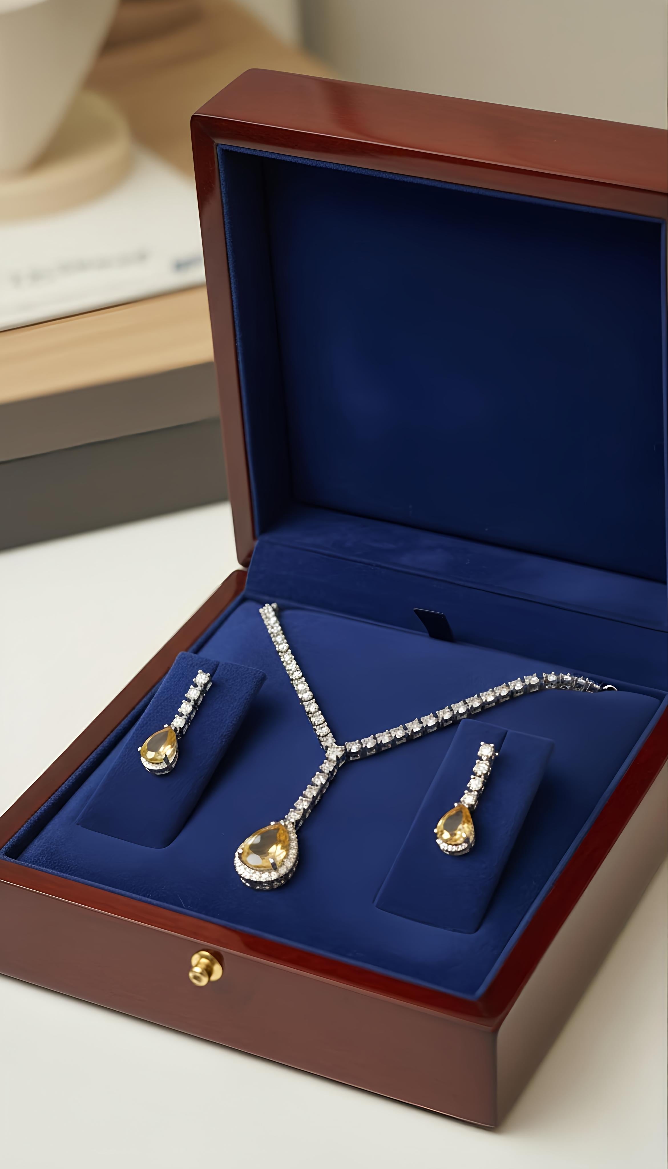 Yellow Zircon Necklace and Earrings Set with AD Stones for Women