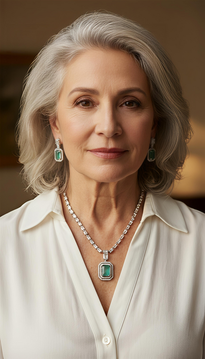 V-Neck AD Stone Necklace Set for Women | Elegant Silver Finish Jewelry - Mint Green