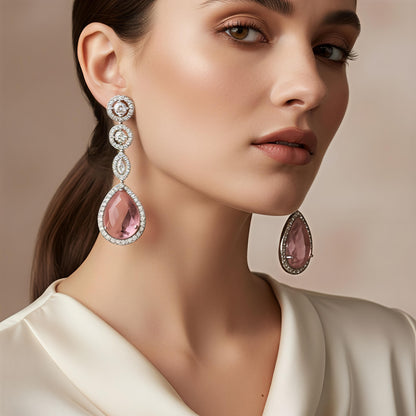 Elegant AD Dangling Earrings with Pink Stone - Blush Elegance Danglers