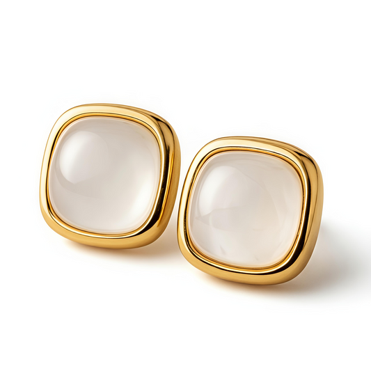 Gold-Plated in Stainless Steel Square Mother of Pearl Earrings Radiance Pearl Studs - Simple Retro