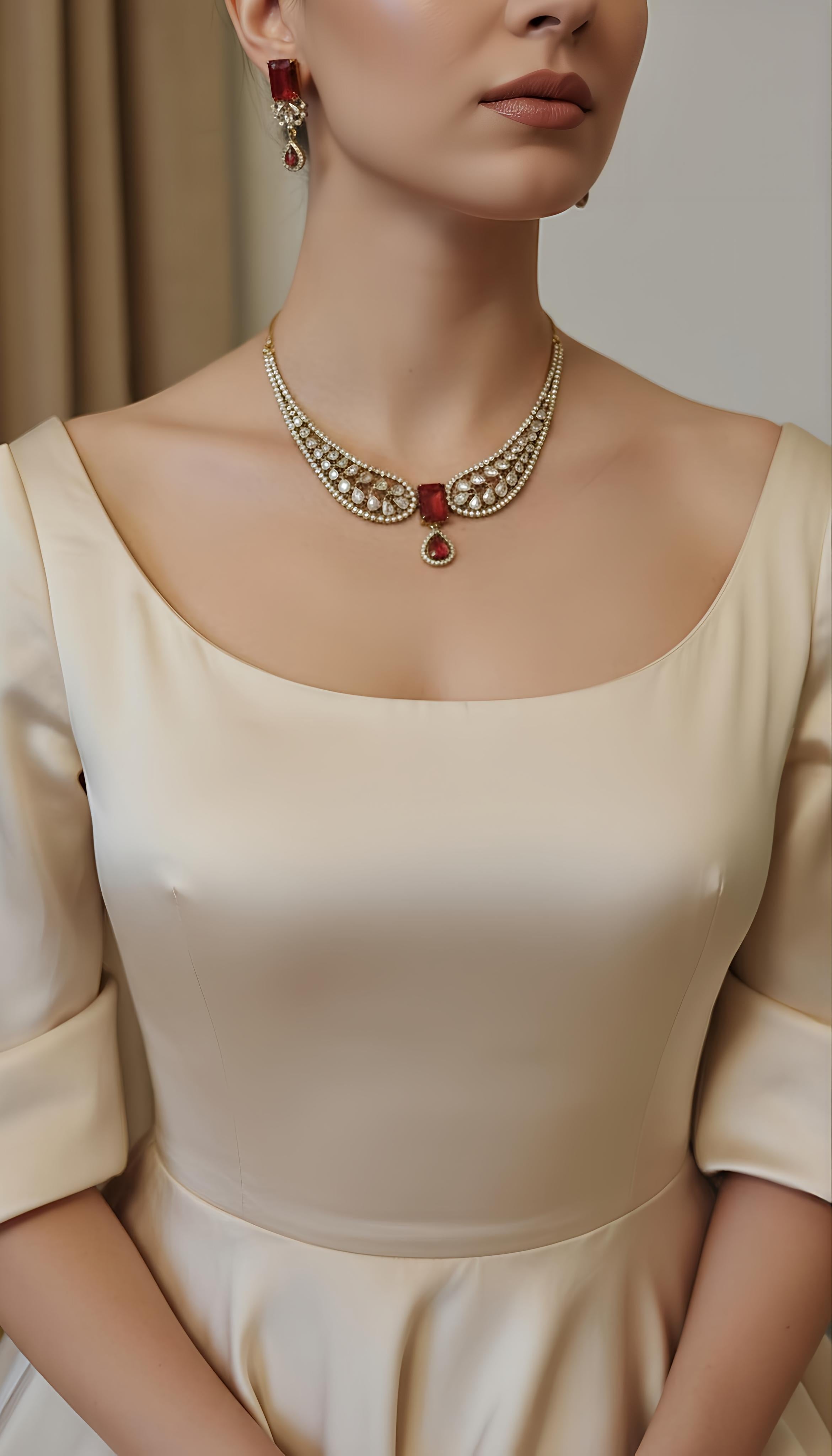 Red Stone Wing Statement Necklace with AD Stones in Golden Polish for Women