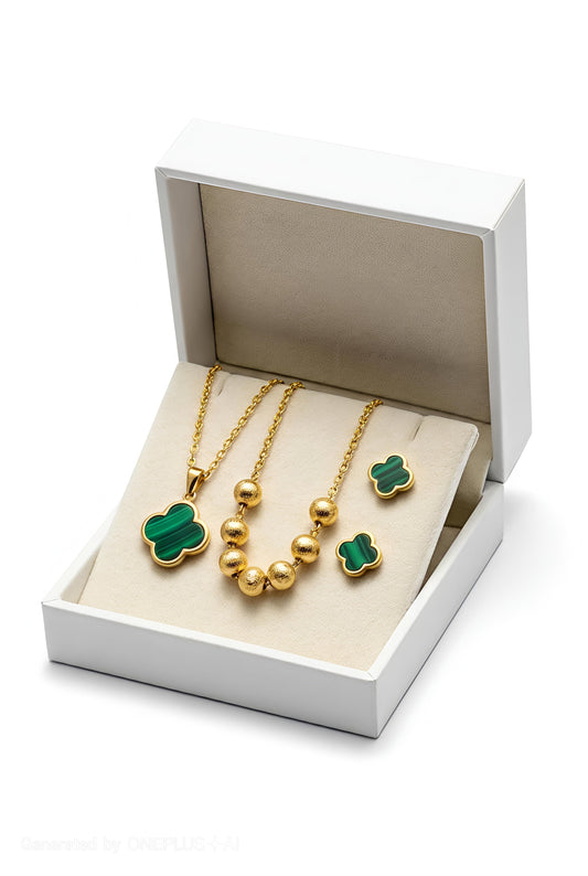Stainless Steel|Green Clover Necklace and Earrings Jewelry  Set