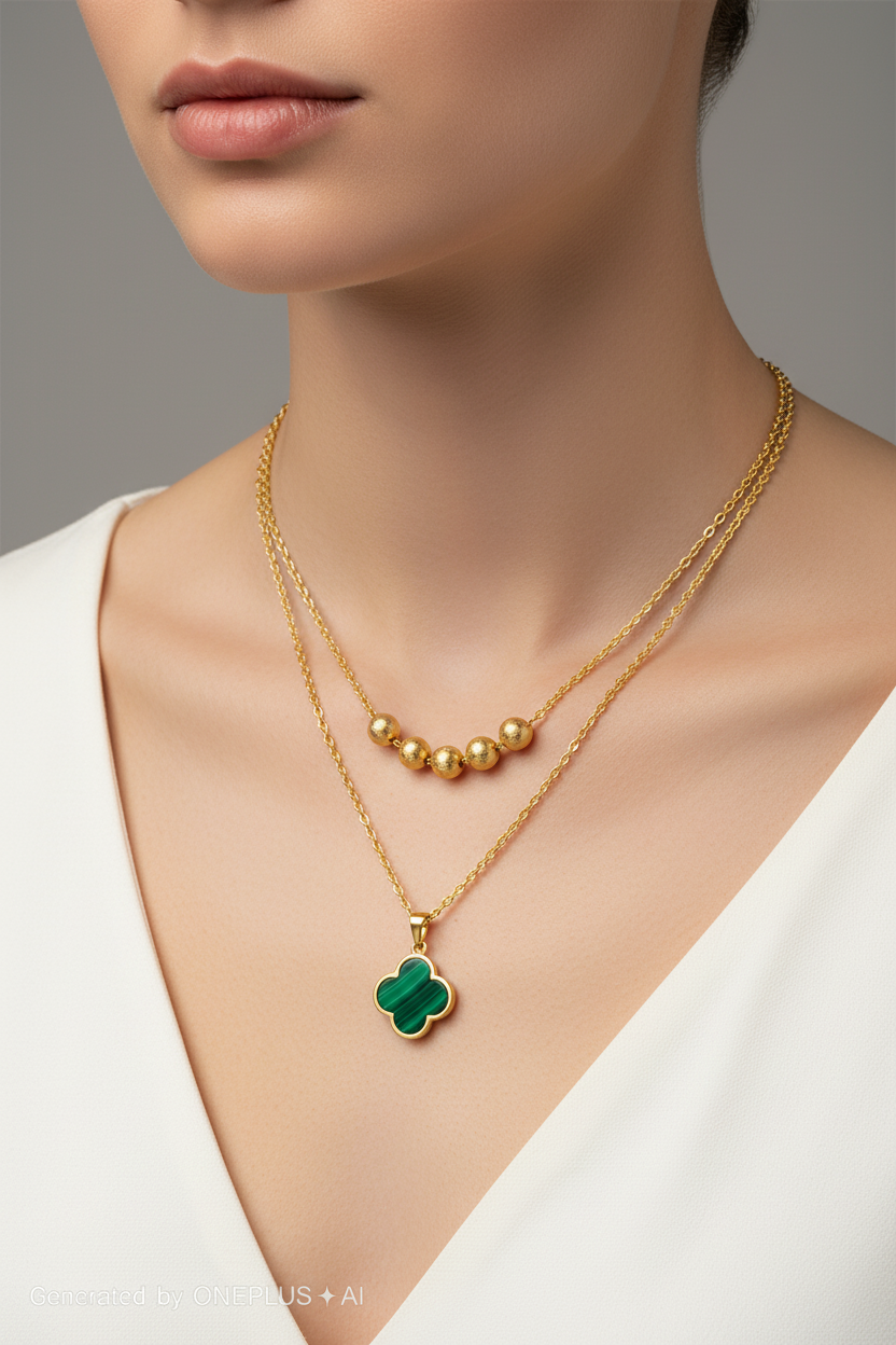 Stainless Steel|Green Clover Necklace and Earrings Jewelry  Set