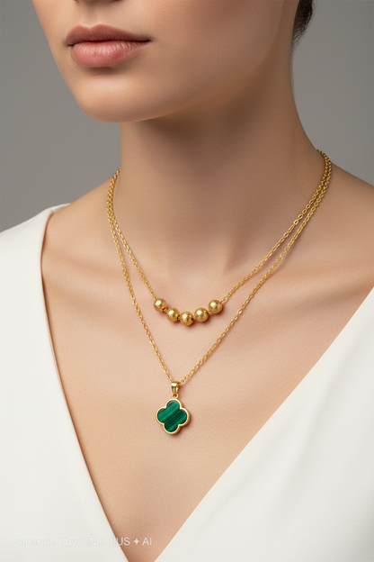 Stainless Steel|Green Clover Necklace and Earrings Jewelry  Set