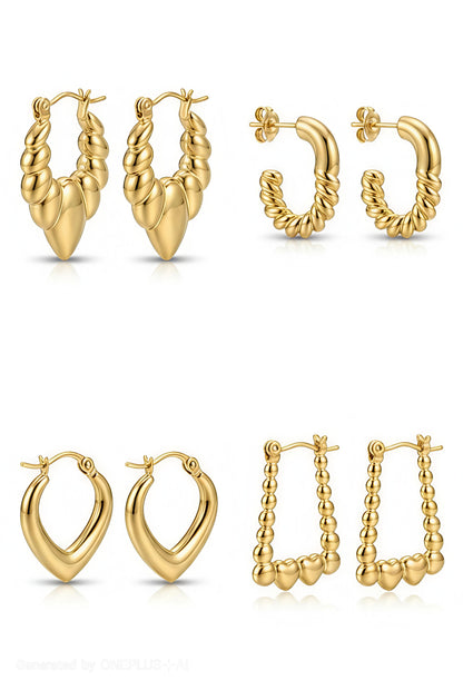 Gold Hoop Earrings Set of 4 | 18K Gold-Plated Stainless-Steel Huggies & Mini Hoops | Everyday Jewelry Combo