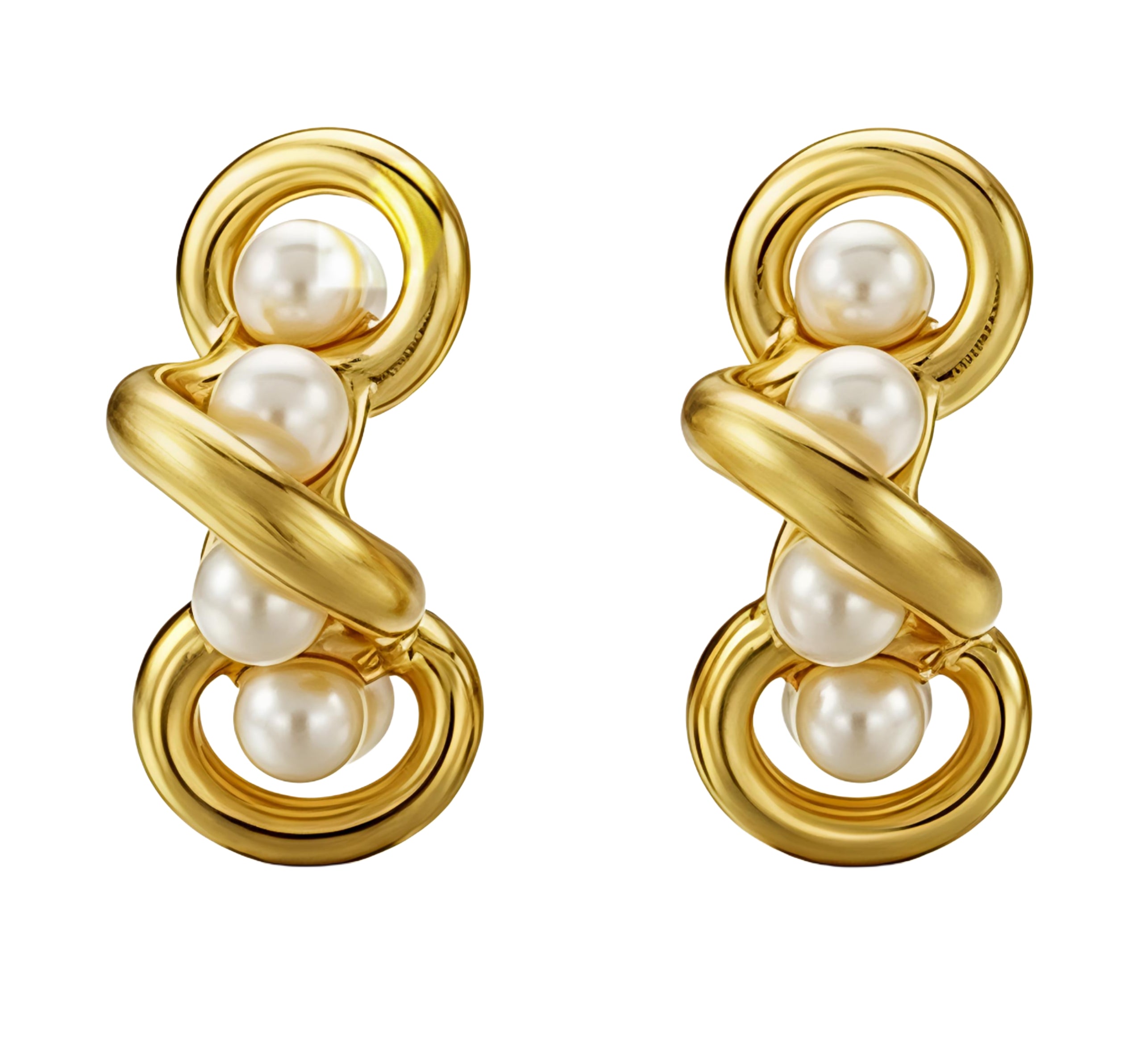 Gold Pleated Set in Stainless Steel - Golden Thread Pearl Necklace & Twirled Pearl Hoop