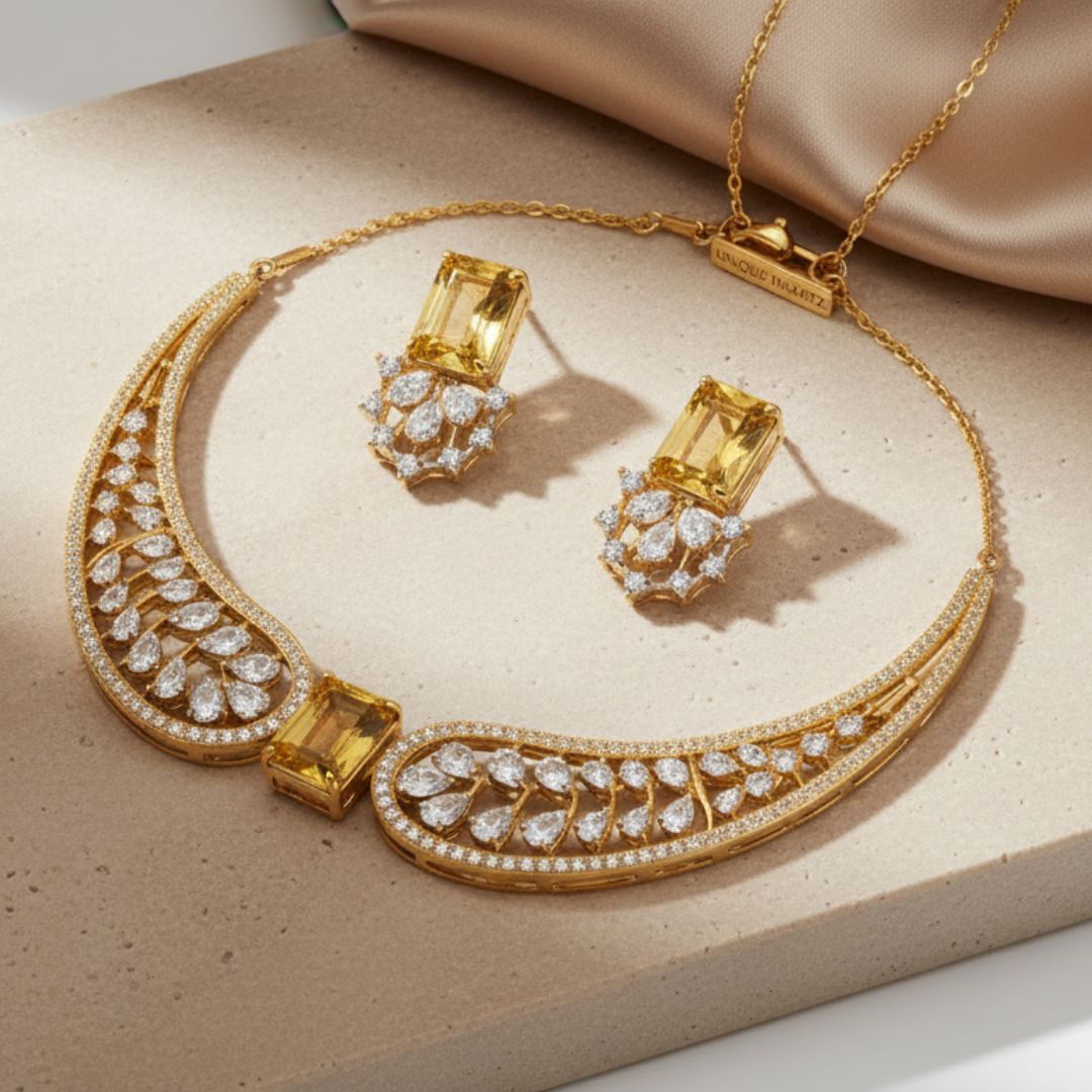 Yellow Stone AD Wing Necklace Set with Earrings | Gold Polish Jewelry for Women